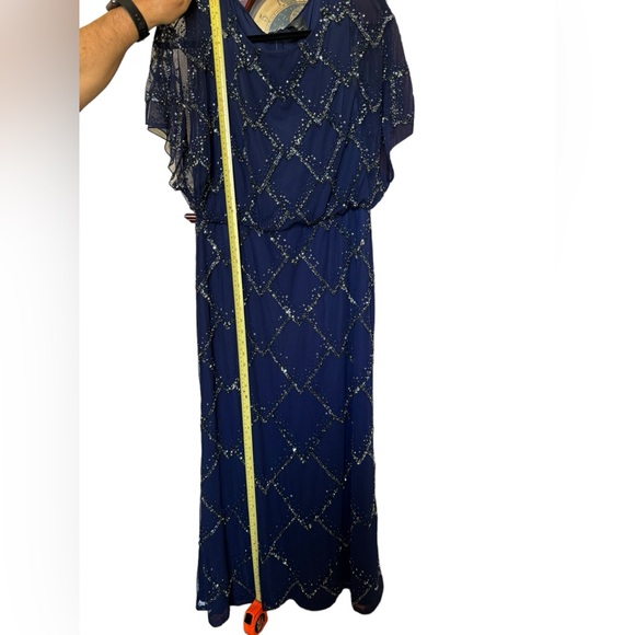 Adrianna Papell HAND-BEADED BLOUSON LONG GOWN WITH FLUTTER SLEEVES IN LIGHT NAVY - Picture 12 of 16